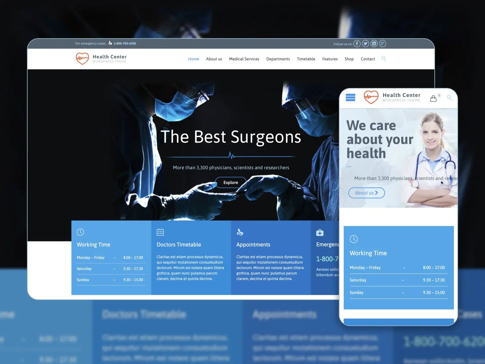 Colagem do tema de saúde Healthcare para sites WordPress médicos nas cores azul escuro, azul e branco.