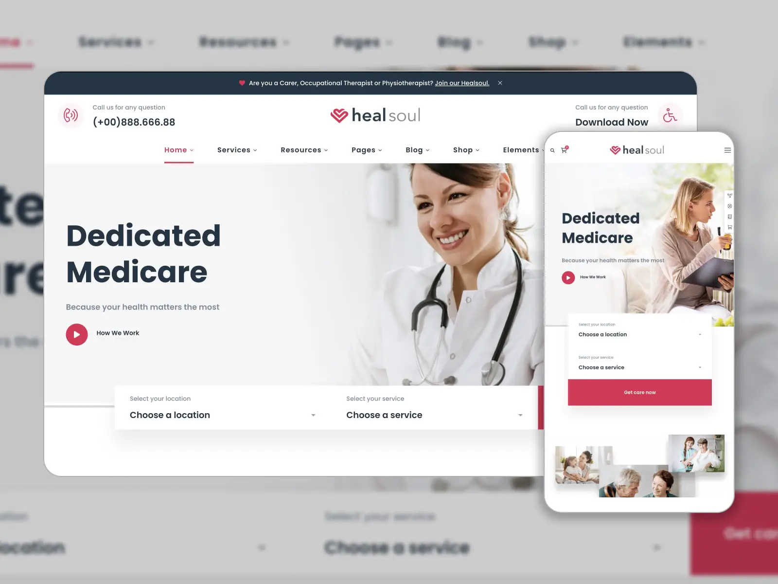 Colagem do melhor tema de saúde WordPress Healsoul para sites médicos nas cores branco, vermelho e cinza.