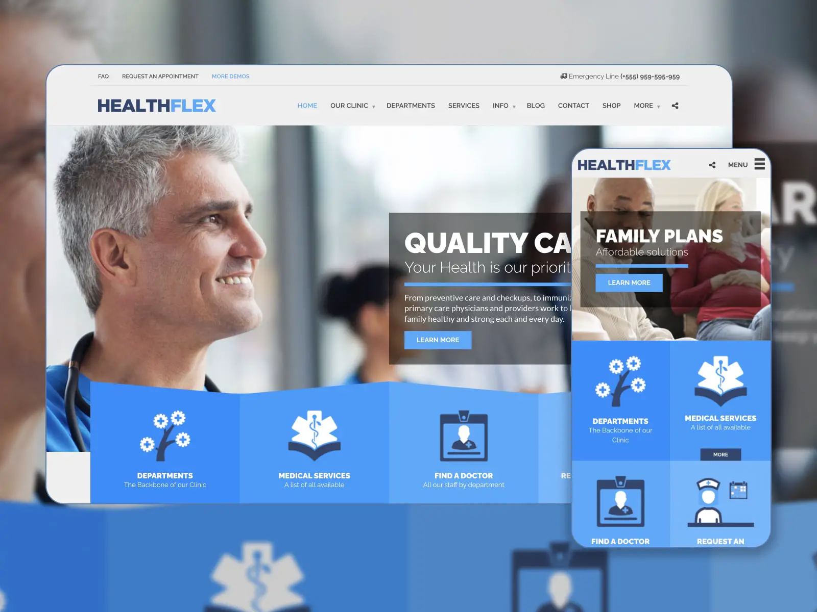 Collage of the Healthflex أفضل سمة لمواقع WordPress بألوان الأزرق والرمادي والأسود.