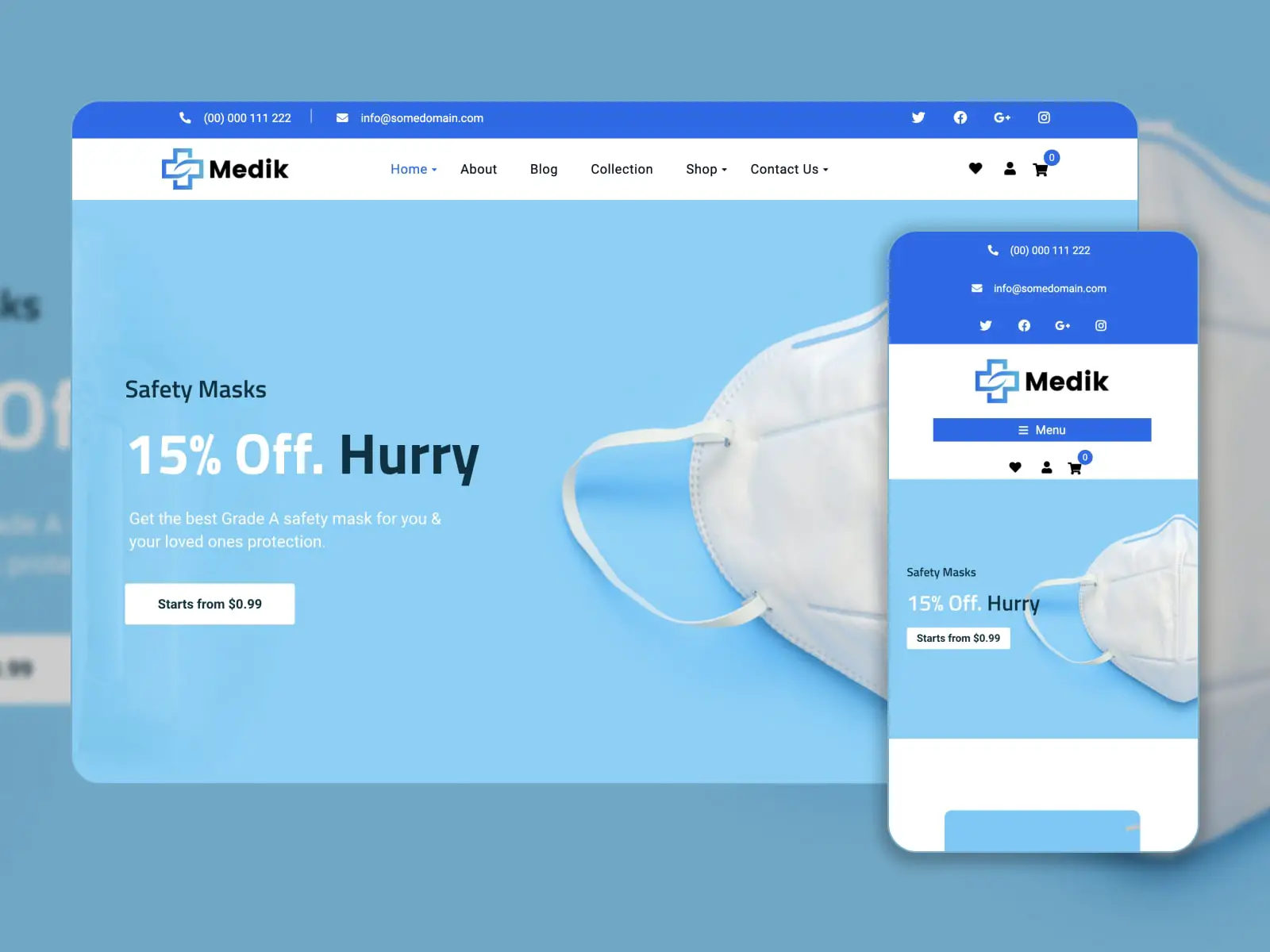 Collage of the Medik theme لمواقع متاجر WordPress الطبية بألوان الأزرق والأزرق الداكن والأبيض.