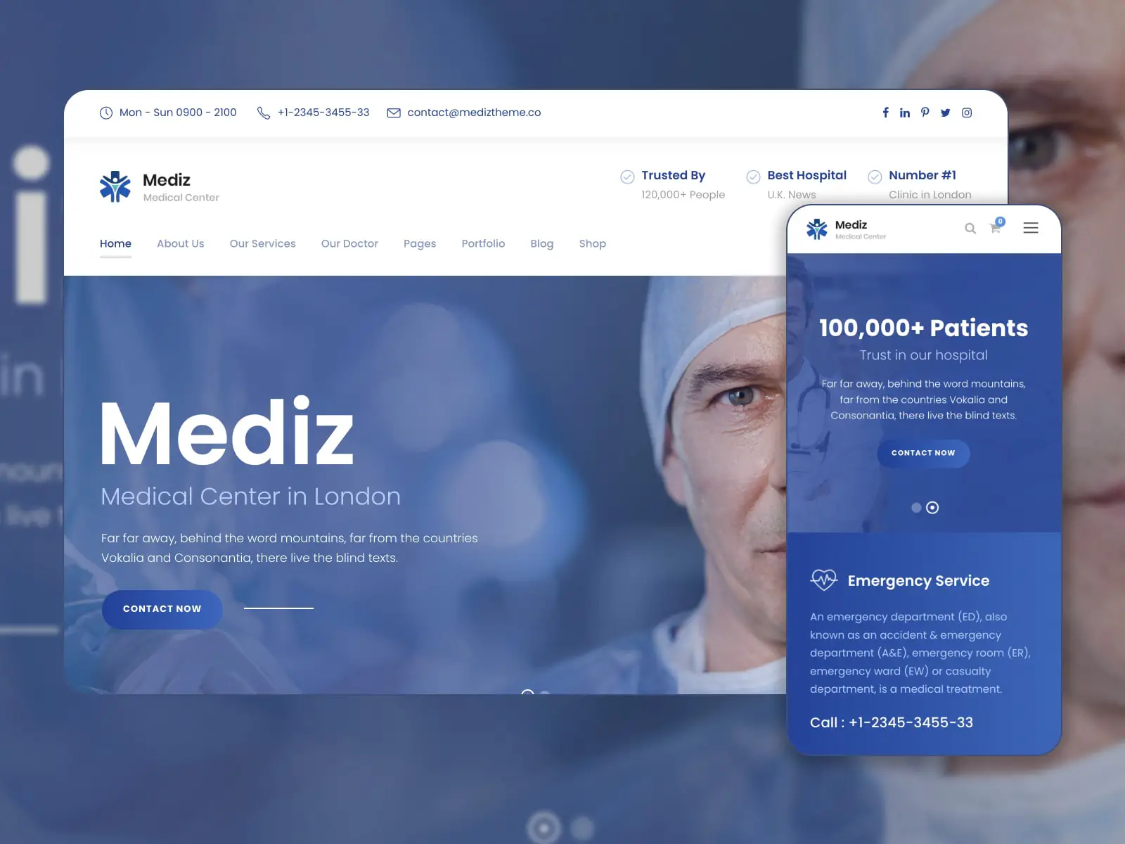 Colagem do melhor tema Mediz para sites médicos WordPress nas cores azul escuro e branco.