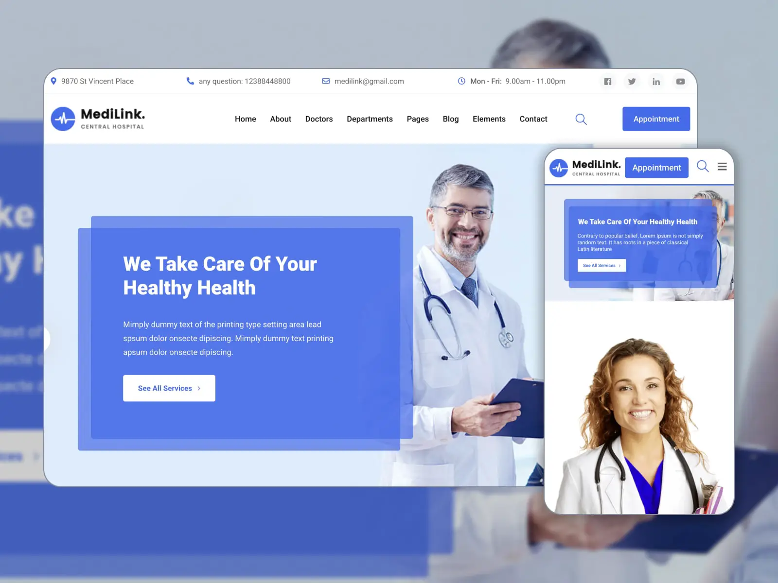 Colagem dos melhores modelos de tema médico WordPress da Medilink nas cores azul escuro, azul e branco.