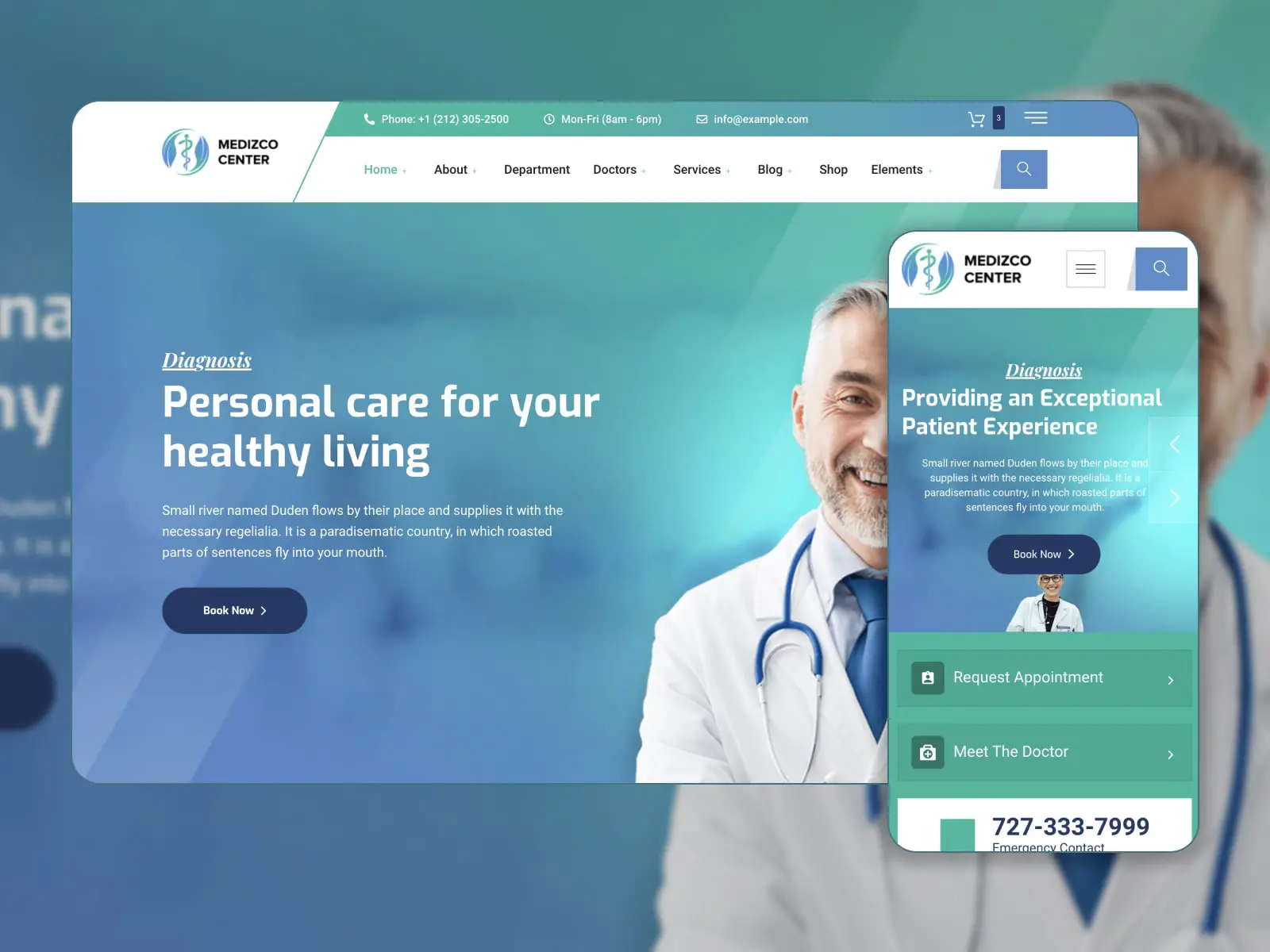 Collage of the Medizco medical theme for WordPress أفضل المواقع باللون الأزرق والفيروزي والأبيض.