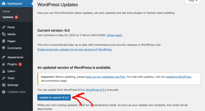 Actualizarea WordPress Core din tabloul de bord