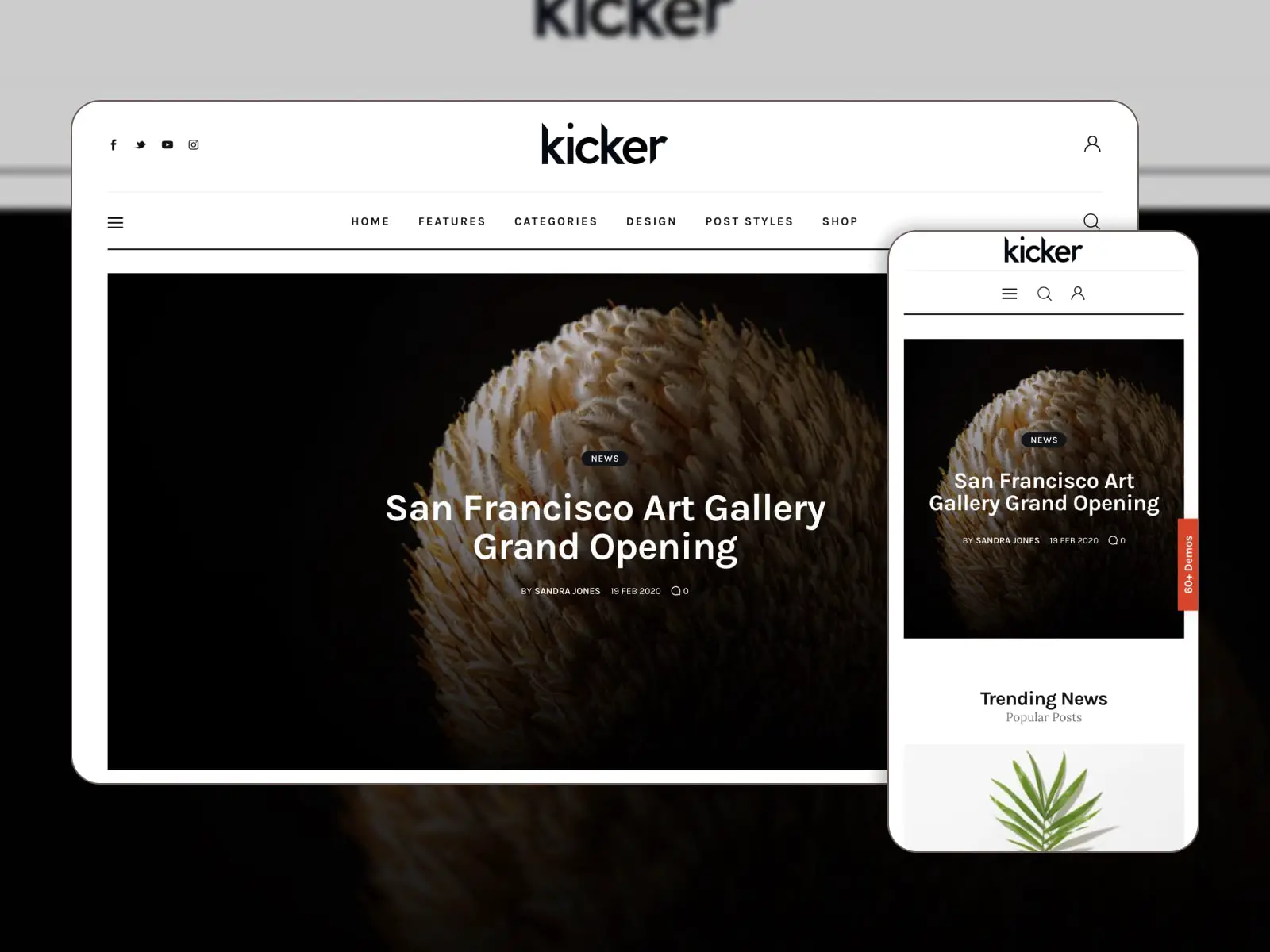 雑誌ウェブサイト用の Kicker WordPress テーマのデモ ページのコラージュ。