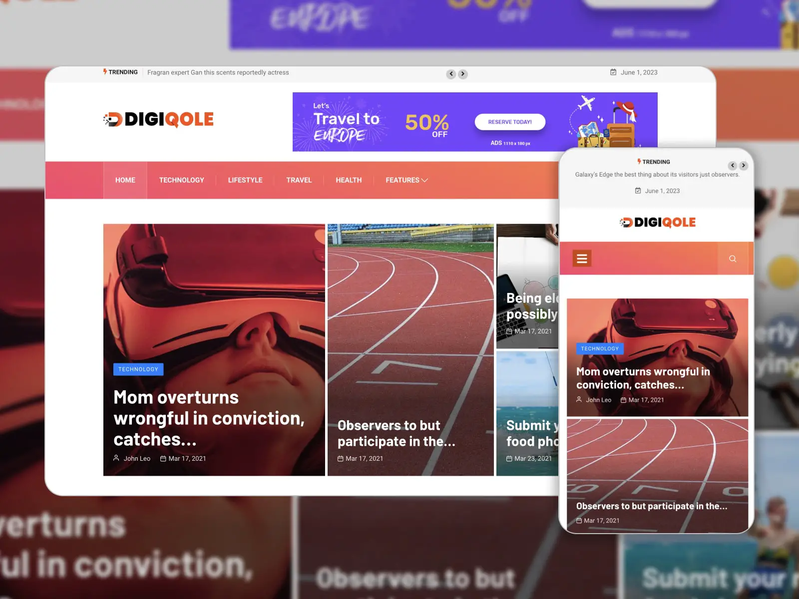 Digiqole WordPress dergisi tema demosunun kırmızı ve beyaz renklerde kolajı.