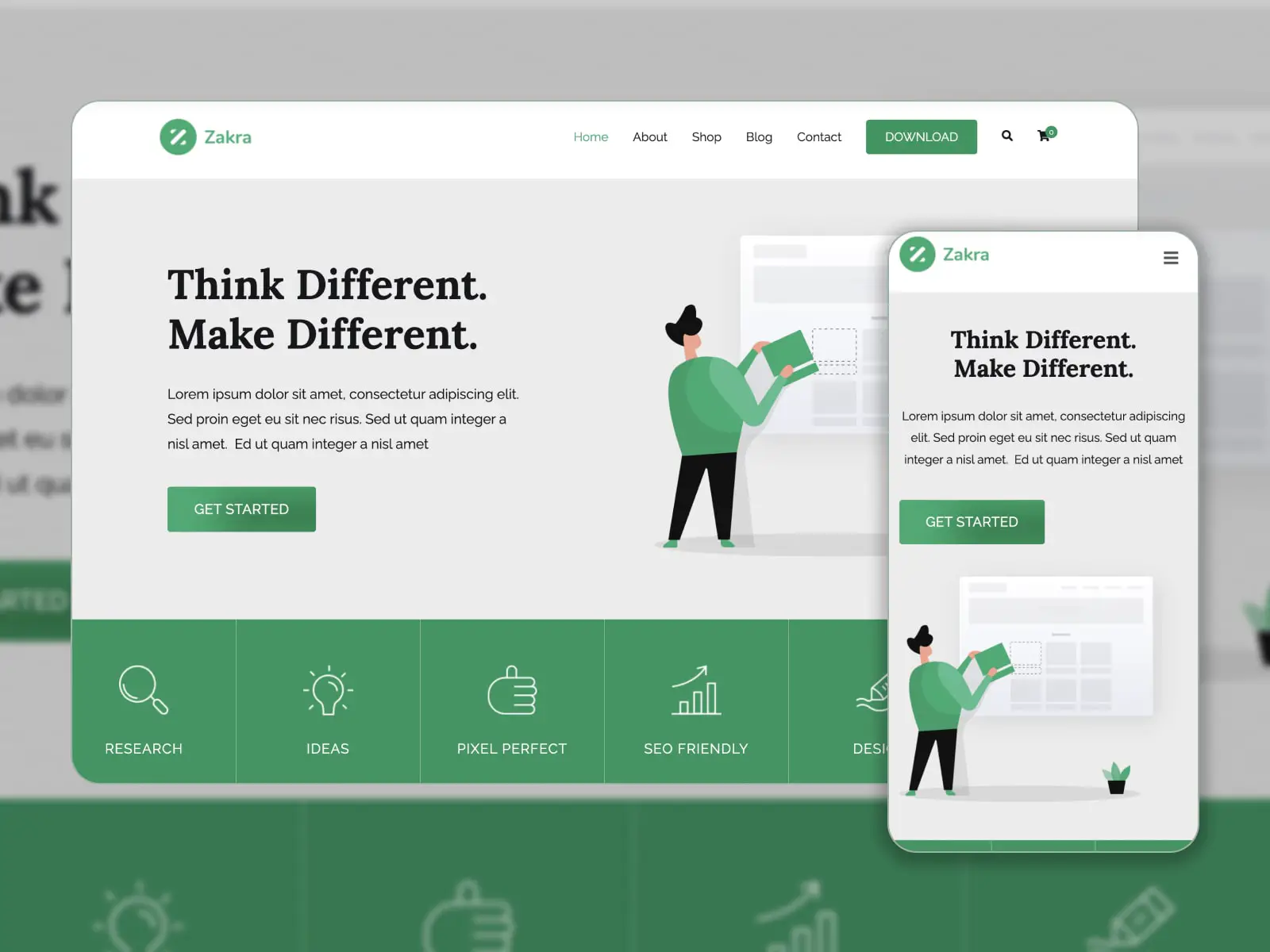 Colagem do tema WordPress gratuito Zakra para sites de portfólio nas cores verde e branco.