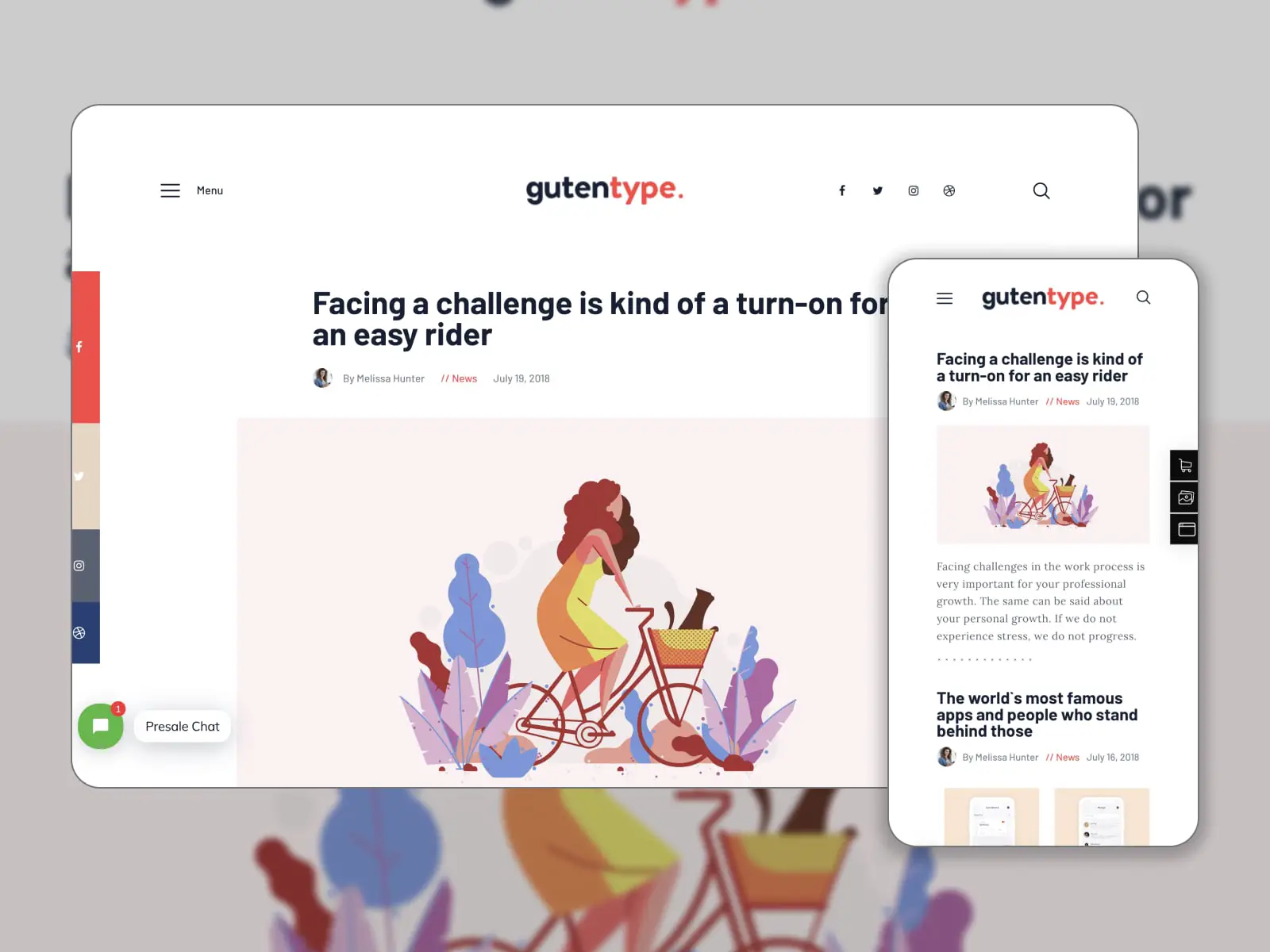 白、ピンク、赤の雑誌サイト用の Gutentype Gutenberg テーマのコラージュ。