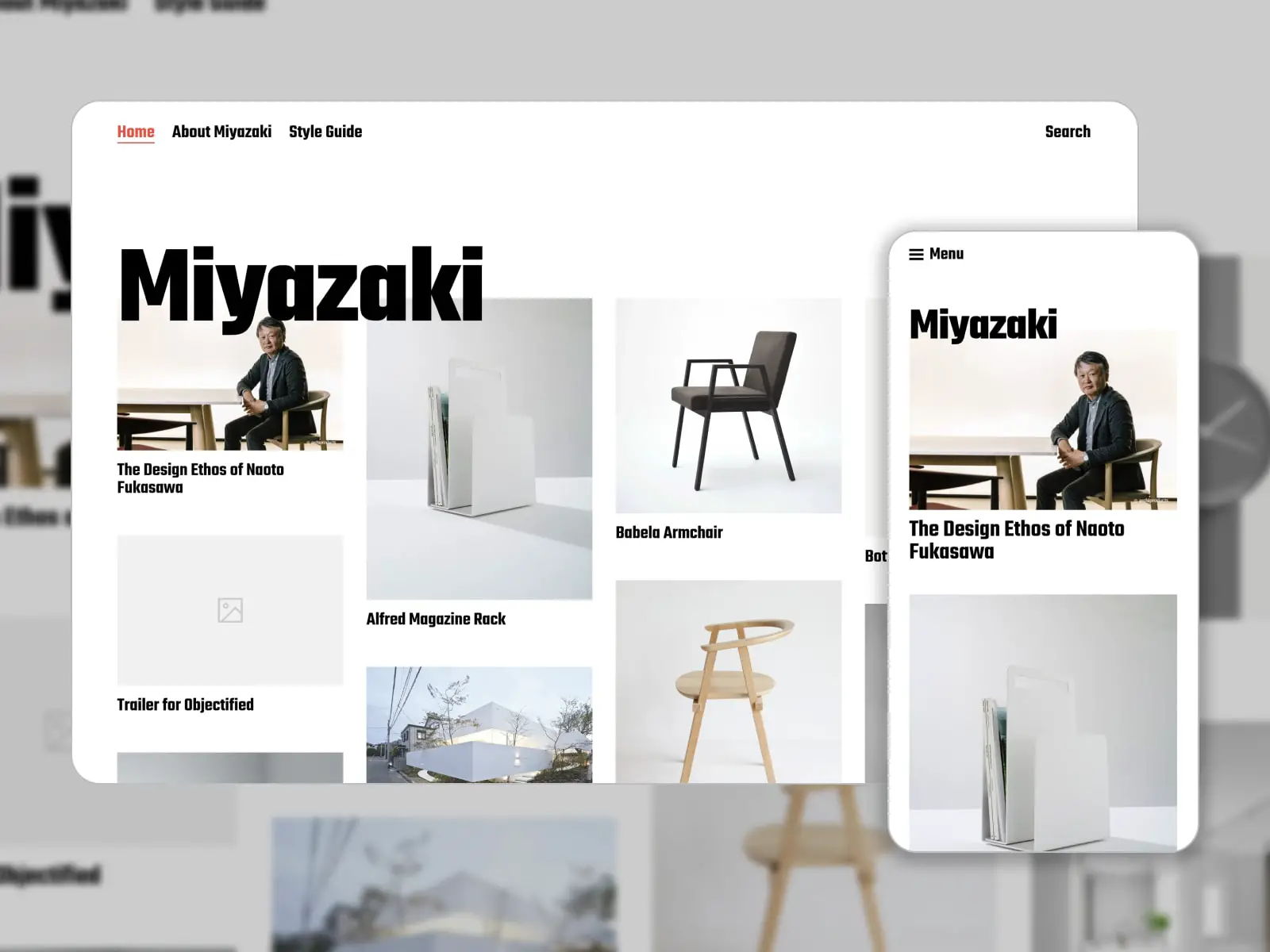 Kolaż darmowego motywu WordPress z portfolio Miyazaki Gutenberg w kolorach białym, czarnym i szarym.