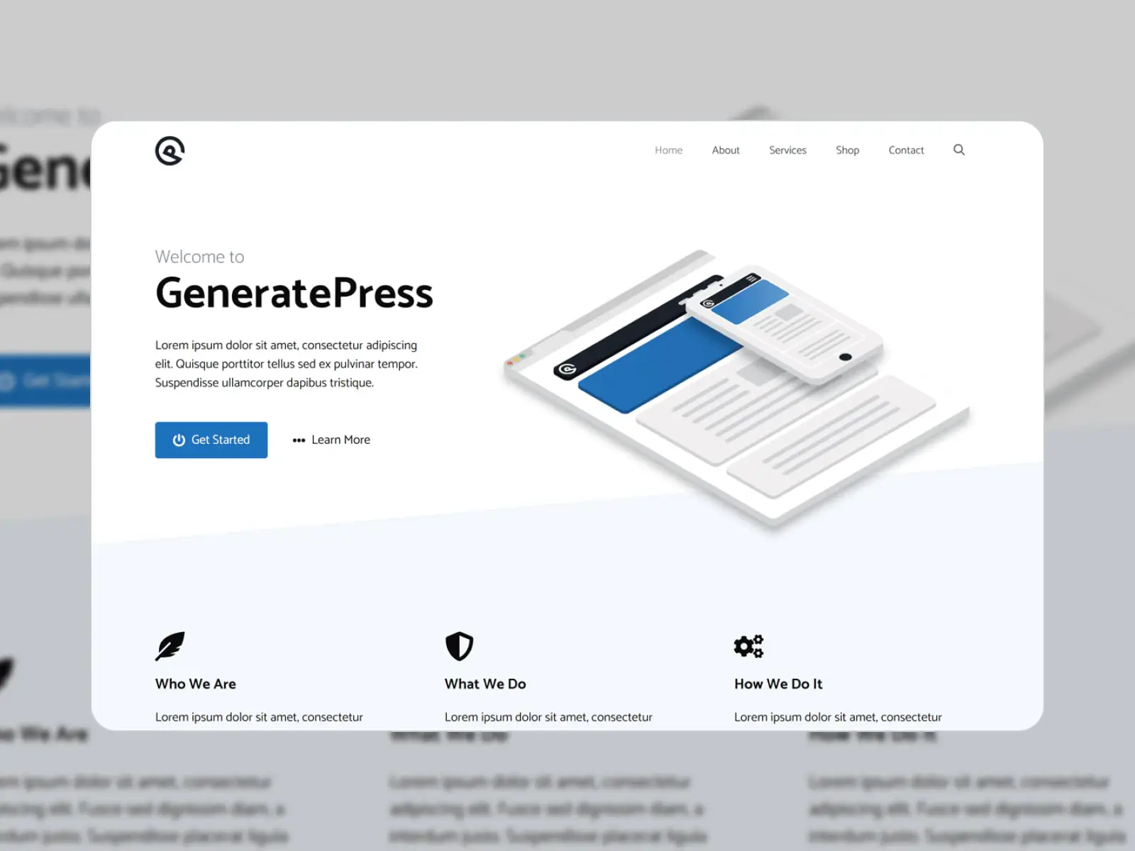 Collage of the GeneratePress ฟรี Gutenberg ธีม WordPress