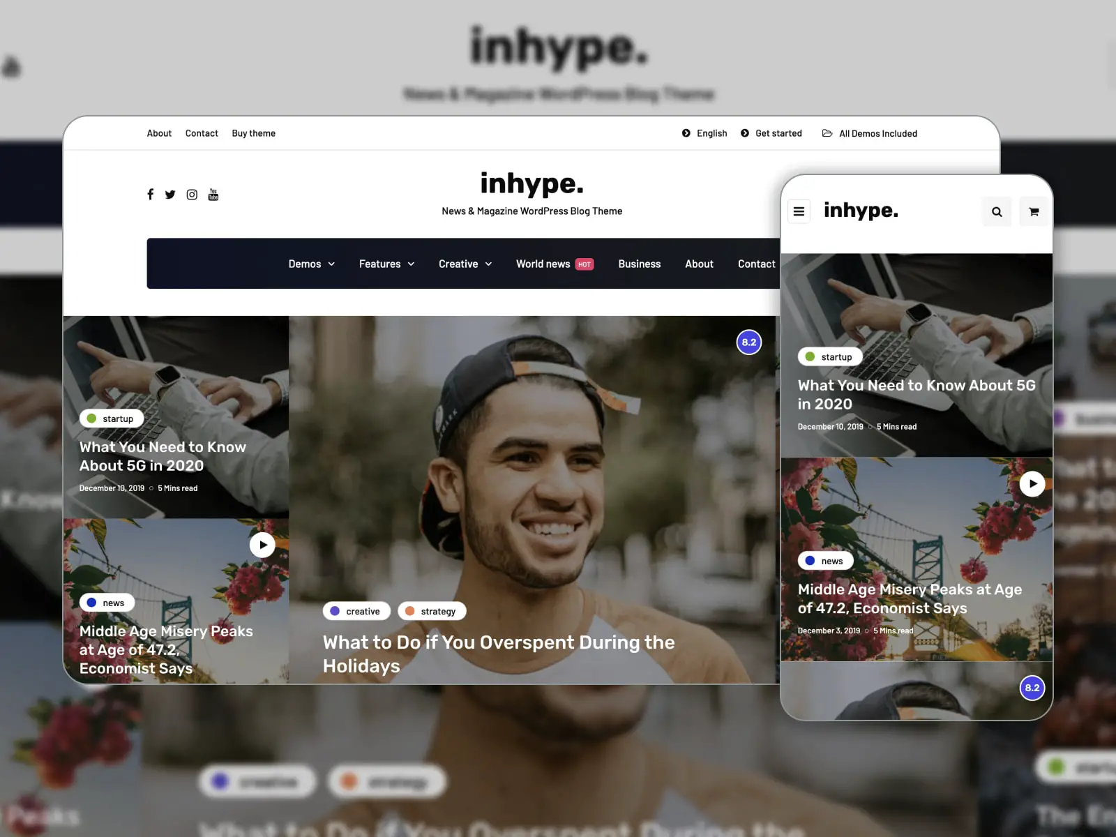 ภาพตัดปะของธีม InHype สำหรับเว็บไซต์บล็อกและนิตยสาร WordPress