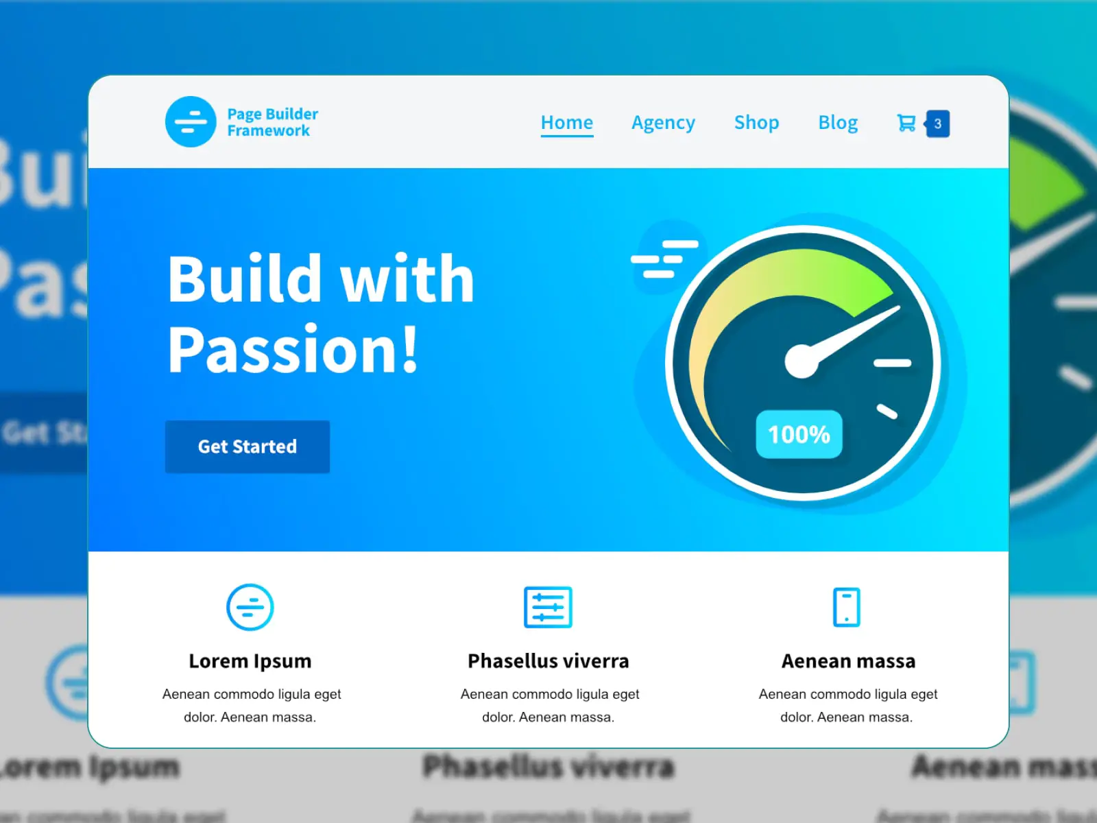 Collage del Page Builder Framework demo gratuita del tema Gutenberg WordPress nei colori blu e bianco.