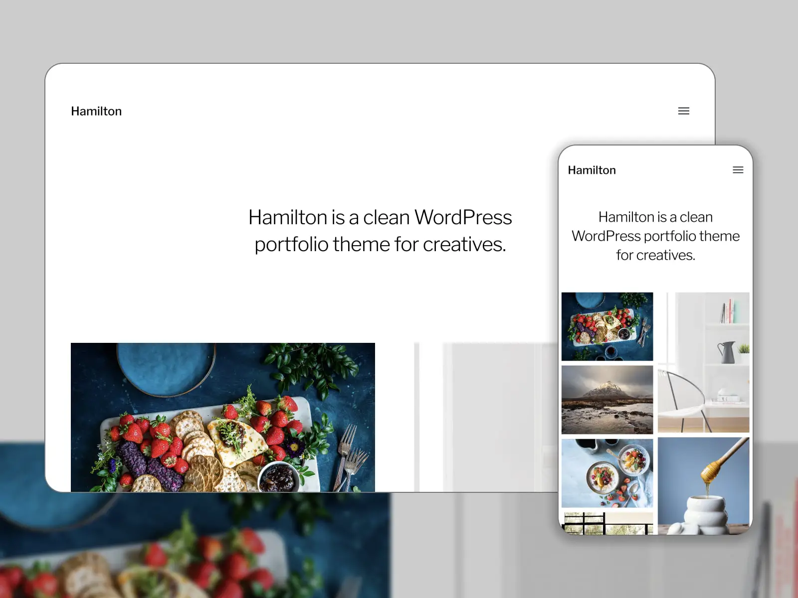 Kolase dari tema WordPress gratis portofolio Hamilton Gutenberg.