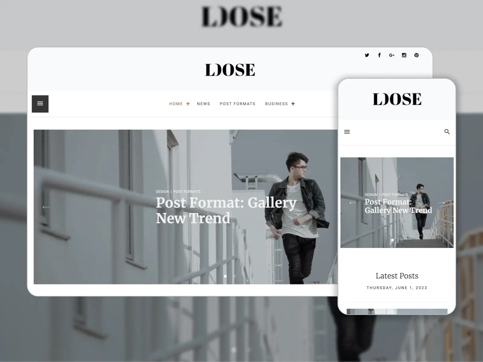 Collage of the Loose free Gutenberg theme para blogs, revistas, jornais, sites WordPress nas cores branco e cinza.