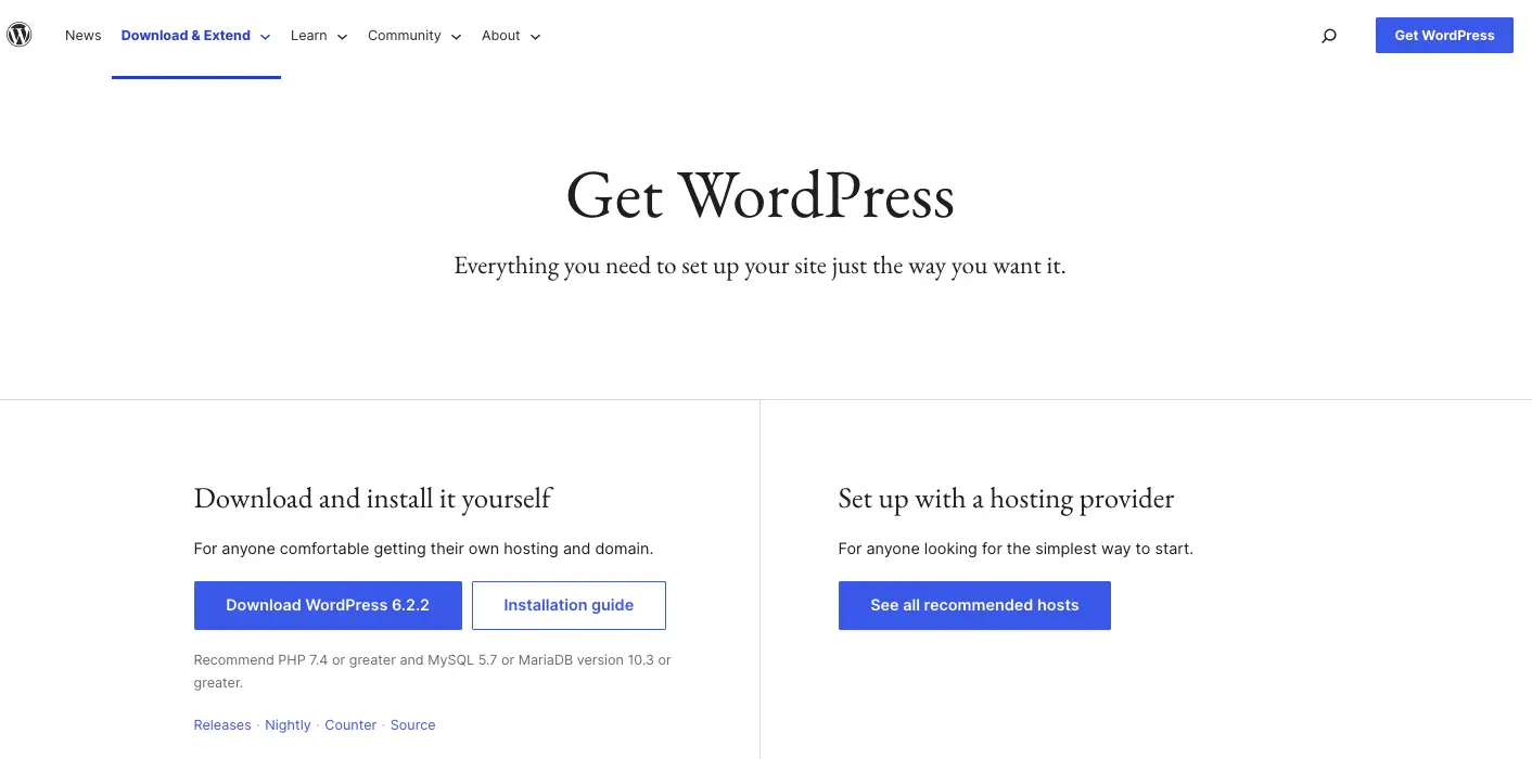 หน้าดาวน์โหลดของ WordPress.org แสดงสองตัวเลือกสำหรับการดาวน์โหลด WordPress