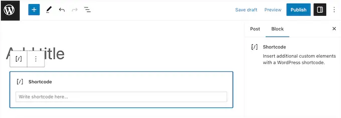 Agregar un bloque de shortcode a una página o publicación de WordPress
