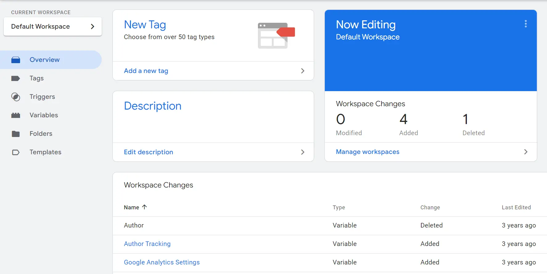 Tabloul de bord Google Tag Manager.