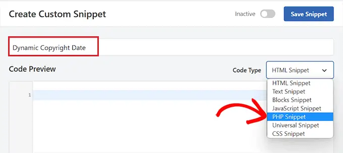 Elija PHP como tipo de código para el código dinámico de fecha de copyright