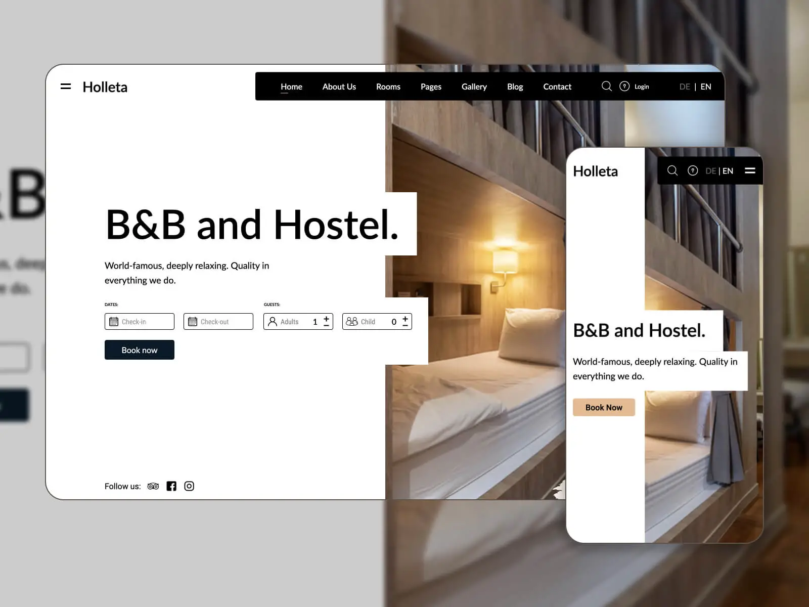 Screenshot von Holleta – funktionales Bed & Breakfast-Elementor-Thema in der Farbkombination Silber, Dunkelolivgrün, Weiß, Grau und Schwarz