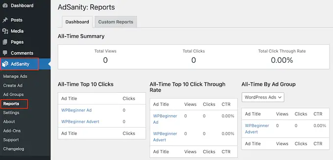 Visualización de informes de anuncios en el panel de WordPress