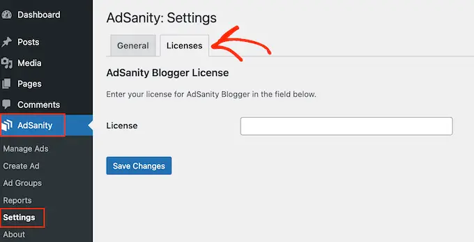 Le impostazioni del plugin AdSanity per WordPress