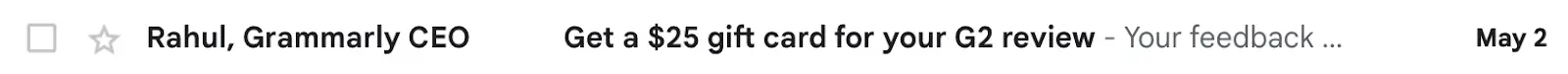 سطر موضوع البريد الإلكتروني ، احصل على بطاقة هدايا بقيمة 25 دولارًا لمراجعتك في G2.