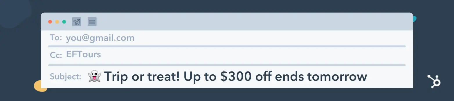 ejemplo de líneas de asunto pegadizas de correo electrónico, viaje o trato! Hasta $300 de descuento termina mañanaI