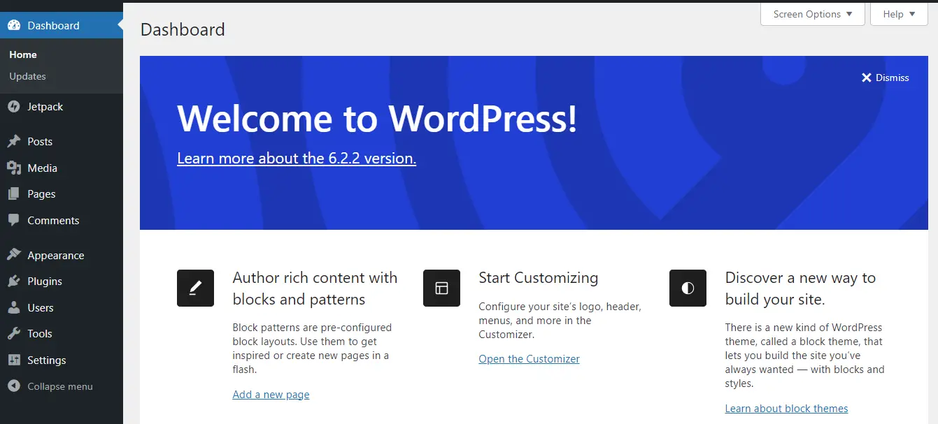 WordPress kontrol paneli.