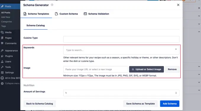 Adăugați cuvinte cheie și imagine în AIOSEO Schema Generator