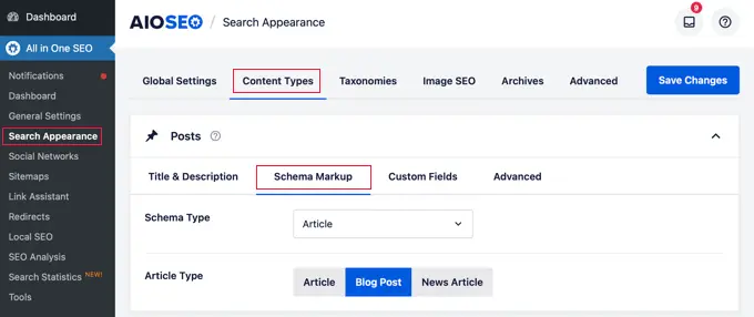 Markup schema în setările AIOSEO