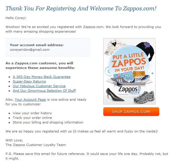 Captura de tela de um e-mail da Zappos; Como escrever um e-mail marketing