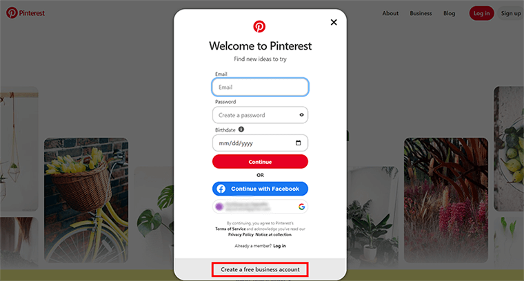 Crea un account Pinterest aziendale gratuito