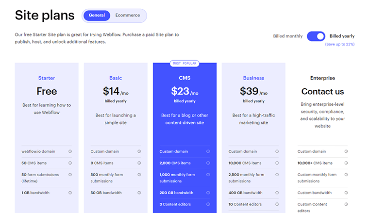 WebFlow 가격 책정 페이지