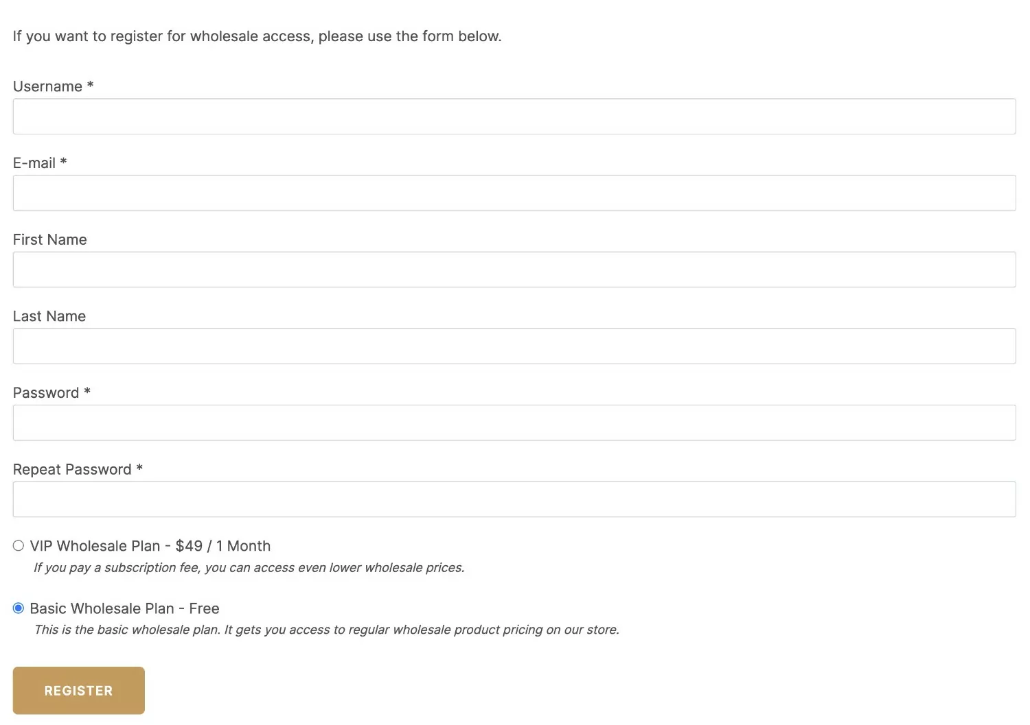 แบบฟอร์มลงทะเบียนร้านค้าส่ง WooCommerce (ตัวอย่างเริ่มต้น)