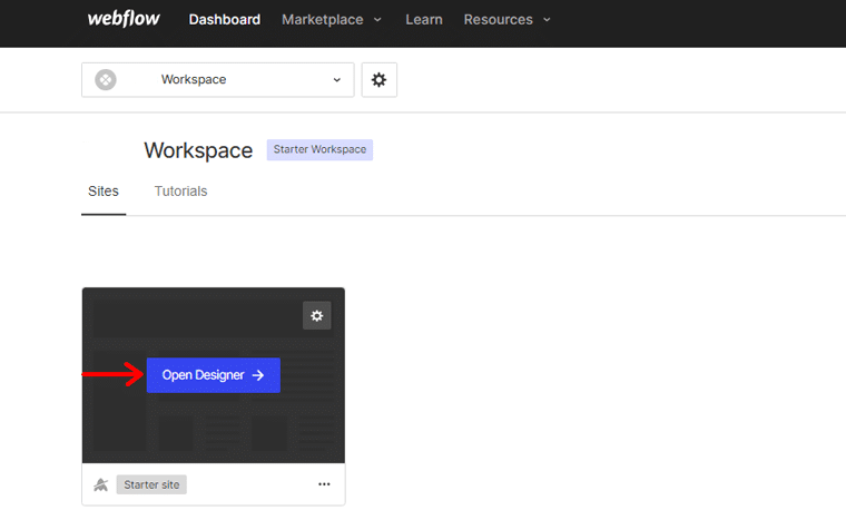 Vaya a Webflow Workspace y haga clic en Abrir diseñador