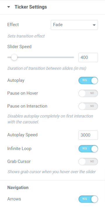 PowerPack Content Ticker widget'ının içerik sekmesindeki Ticker Ayarları bölümü