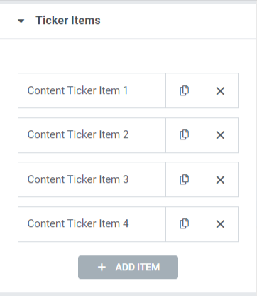 Section Ticker Items dans l'onglet de contenu du widget PowerPack Content Ticker