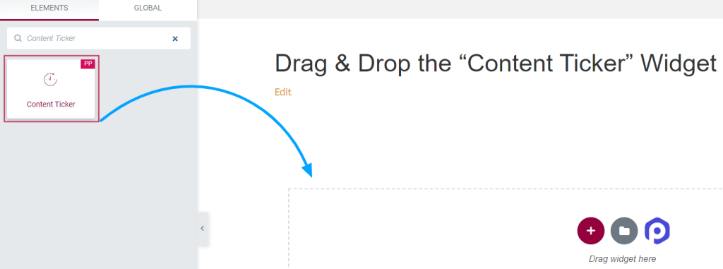 Arrastre y suelte el widget de "marcador de contenido" en la página del editor de Elementor.