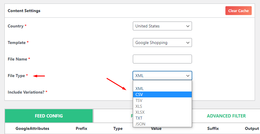 tipo di file per il feed del prodotto WooCommerce