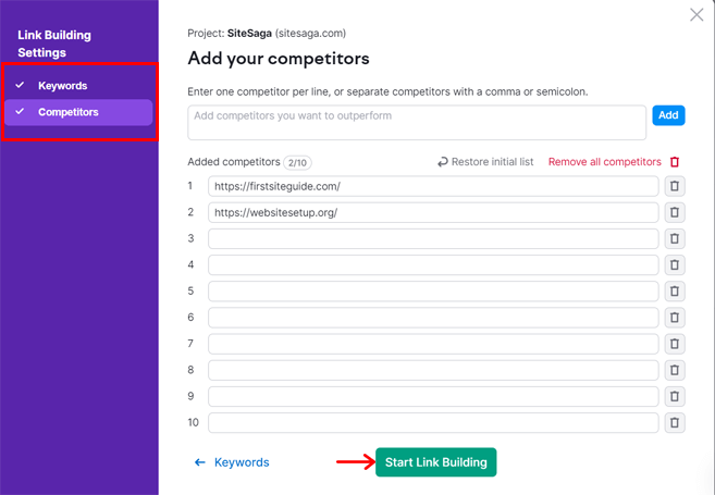 Processus de création de liens sur Semrush