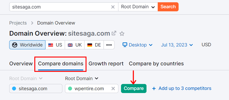 Utilisez l'IA pour comparer votre domaine avec des concurrents pour le référencement