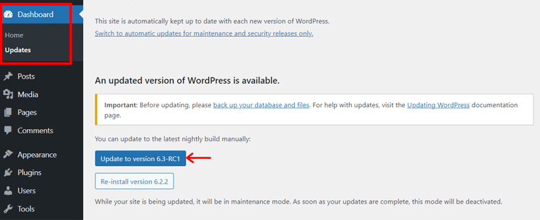 Actualizar la versión de WordPress