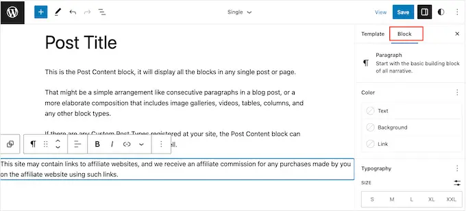 Styling affiliate disclaimers using the WordPress FSE block-based editor