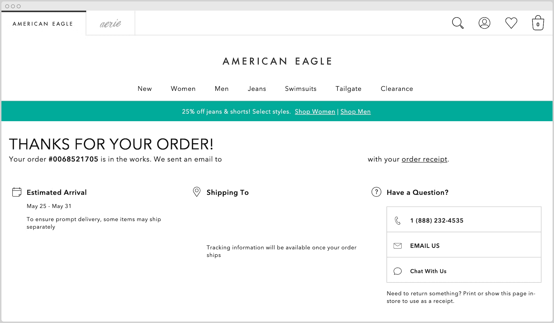 Página de agradecimento de comércio eletrônico da American Eagle