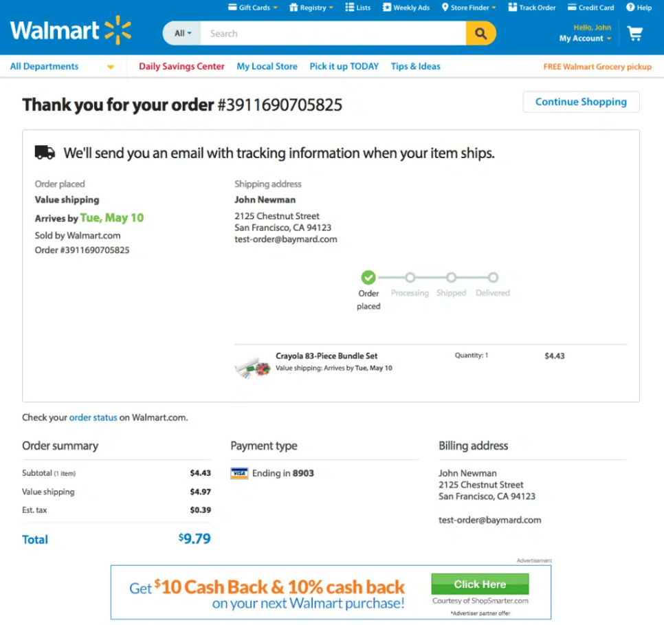 Página de agradecimiento de Walmart