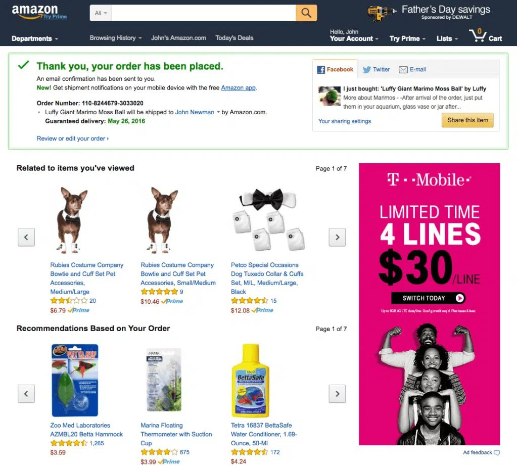 Strona potwierdzenia zamówienia Amazon