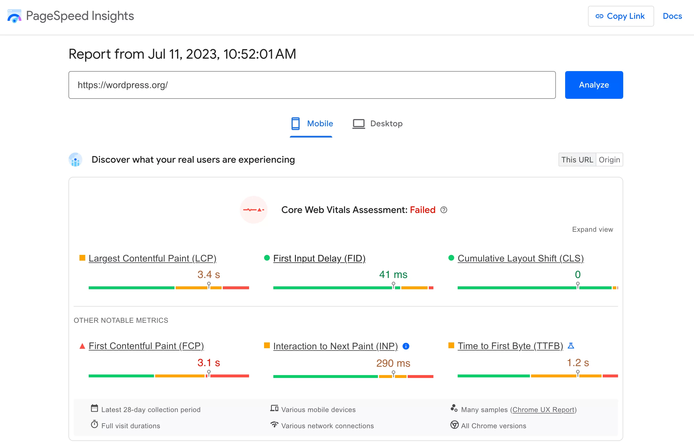 Exemplo de um relatório gerado pelo PageSpeed ​​Insights.