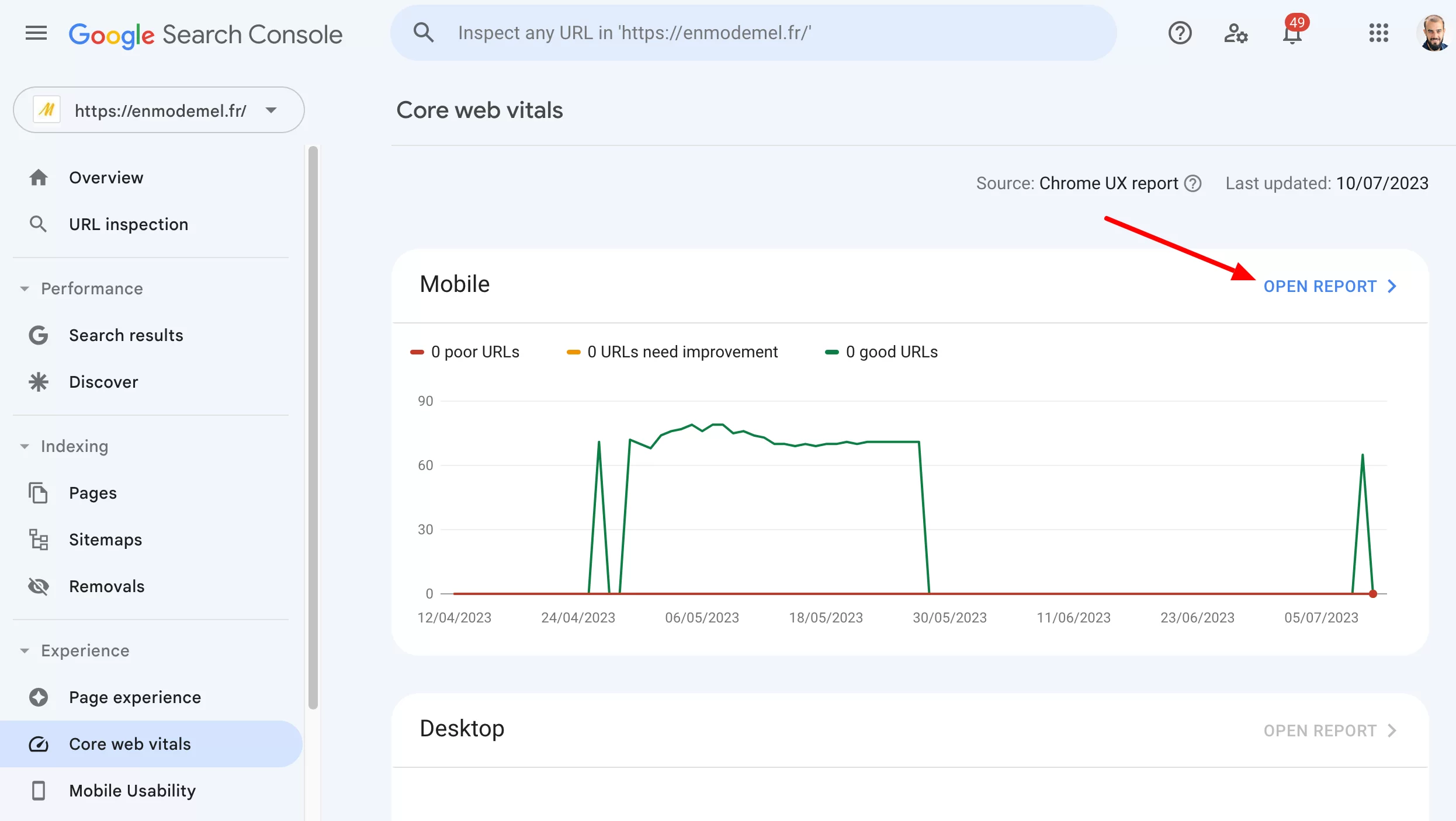 Criação de um relatório de Core Web Vitals no Google Search Console.