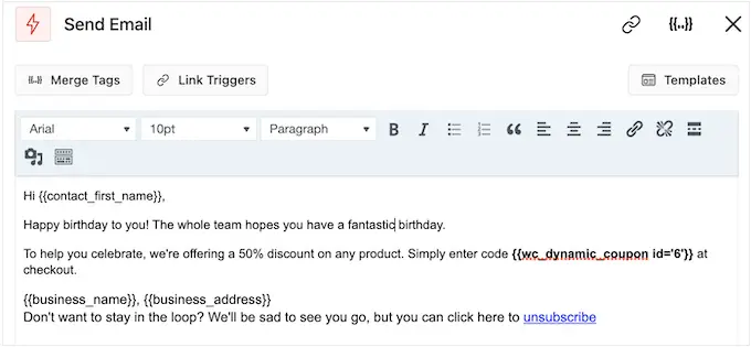 Adding a coupon code to a birthday reminder email