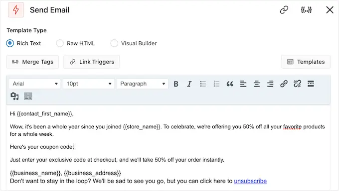 Adding dynamic merge tags to an email using FunnelKit